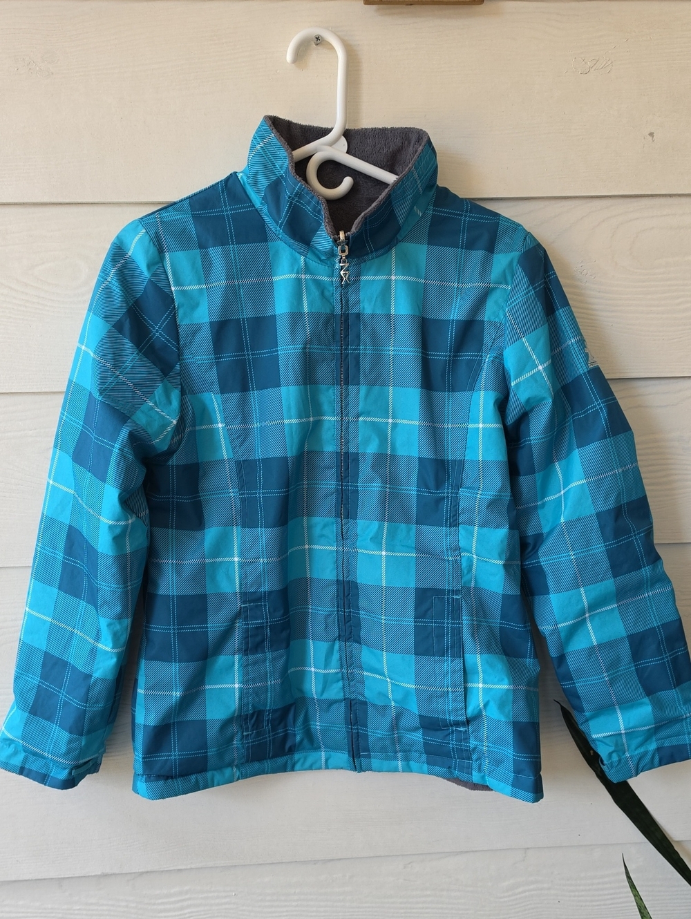 ZeroXposur Reversible Fleece & Plaid Rain Shell Jacket Gray Teal Blue